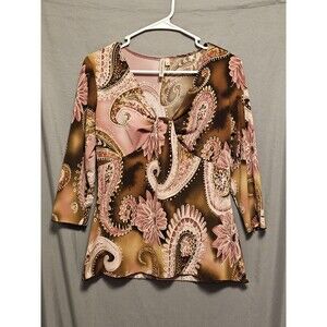 Susan Lawrence Womens Blouse Medium Pink Brown Paisley Twist Front 3/4 Sleeve...